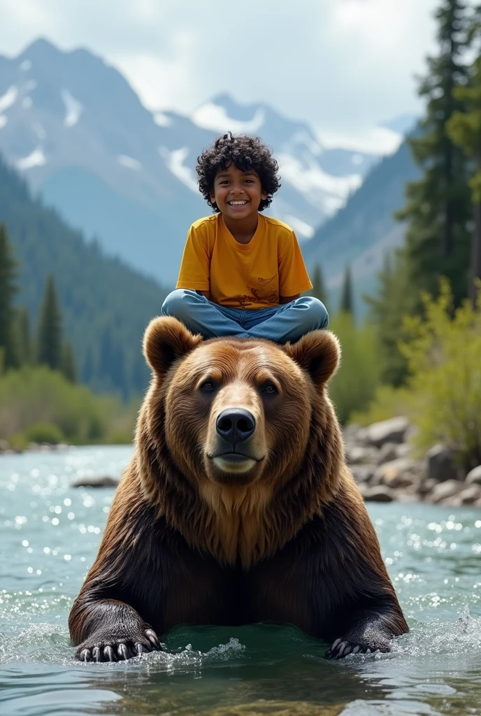 A big brown bear is sitting and bathing in a deep river in the summer wilds, young indian boy wearing yellow shirt and jeans perched on his head, very beautiful sparkling water surface, crystal clear water, gravel on the river bottom, beautiful alpine mountains in the distance, realistic photo. Boy looking camera. Age of the boy is .black hair.smiling.