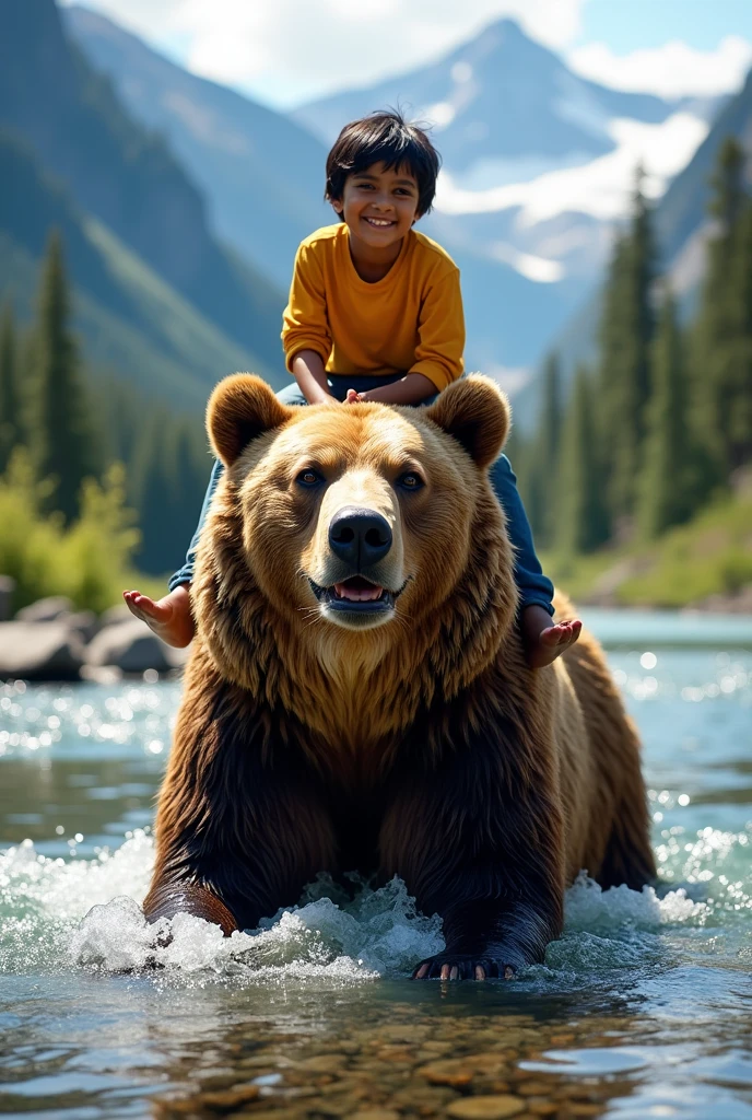 A big brown bear is sitting and bathing in a deep river in the summer wilds, a cute  boy wearing red t shirt and jeans  perched on his head, very beautiful sparkling water surface, crystal clear water, gravel on the river bottom, beautiful alpine mountains in the distance, realistic photo