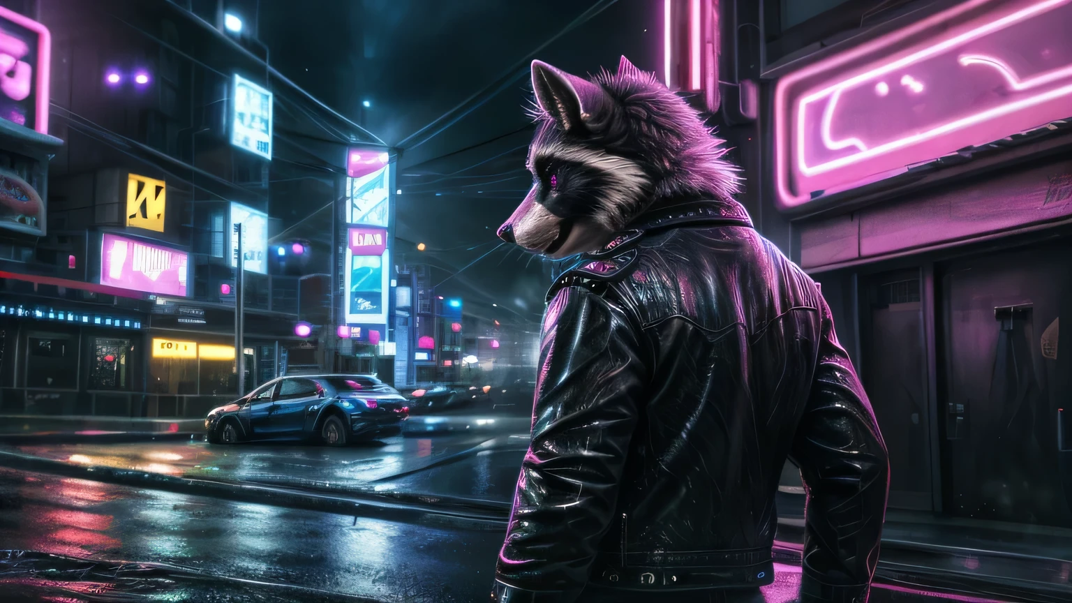 a raccoon in a leather jacket on a night city street, backshot, neon lighting, photorealistic, highly detailed background, (best quality,4k,8k,highres,masterpiece:1.2),ultra-detailed,(realistic,photorealistic,photo-realistic:1.37),vibrant colors,cinematic lighting,moody atmosphere,urban landscape,city skyline,reflective puddles,neon signs,rain effects,steam from vents