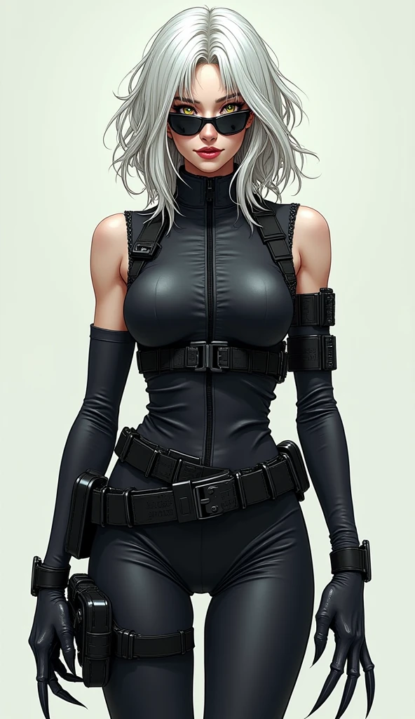 women with pale skin, Medium hair, White hair, hair over the shoulder, shag hairstyle, yellow eyes, smile, open mouth, Fangs, slit pupils, side-shields sunglasses, breasts, vibranium claws, tactical clothing(body covered with hostlers), Very detailed, high quality, simple background, looking at the viewer, showing her vibranium claws, anatomically correct, High resolution, character design, full body, comic style art