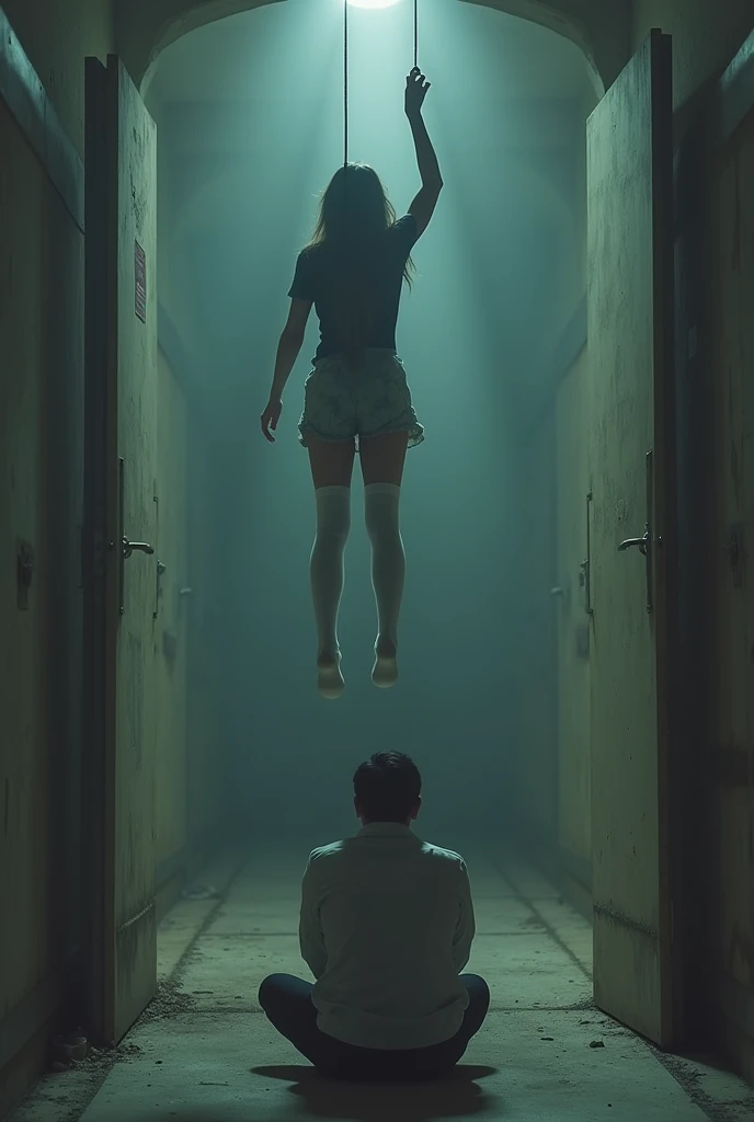 Scene of female student wearing white thigh high socks hanging herself to death , hovering in the air , a man sitting on the ground in panic