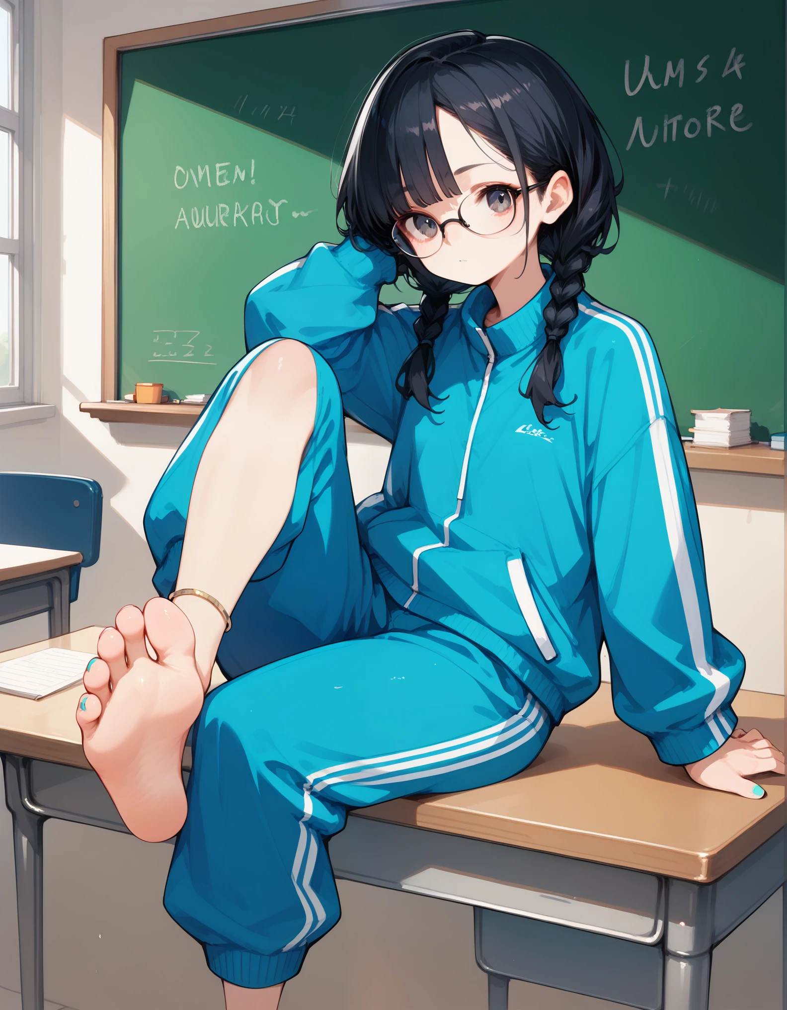 scorce_9,score_8_up,score_7_up,score_6_up,score_5_up,,1girl,solo,black hair,baggy blue and white track suit,baggy blue and white track pants,glasses,black hair,low twin braids, desk,sitting on desk,foot up,barefoot,soles,anklet,chalkboard,single_sock,multicolored toenails,short bangs,petite,arm support