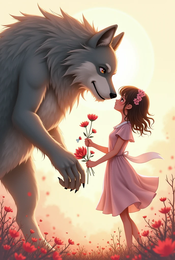 cover page, highres, top quality, best quality, paid reward available, unparalleled masterpiece, perfect artwork, absurdres, High-quality illustrations, watercolor, soft color, love story of human girl and giant Werewolf, werewolf who presents flowers to a girl, love romance, pair, Height difference, Physical difference, perfect anatomy, smile, happy,