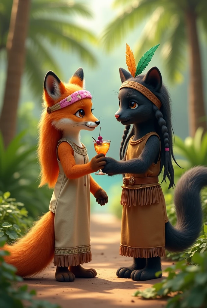 Realistic photography. An anthropomorphic orange furry fox with floor length orange hair. Fox in a beige linen floor-length dress with brown fringe along the seams of the dress. floor-length dress. The fox has a headband of pink feathers in Indian style. A fox holds a sling with a grape cocktail in its paw. The fox is being held by the paw by an anthropomorphic black panther with blue eyes,wild cat panther. Panther in a brown floor-length dress with a brown belt with tassels. The panther has a hairstyle of two long ponytails of black hair reaching the floor.. The panther has a green Indian-style feather headband on his head.. The panther holds a small bow and arrow in its paw.. A fox and a panther are walking through a palm forest and playing Indians. They are both short.. Both are beautiful. They are children. Realistic photography