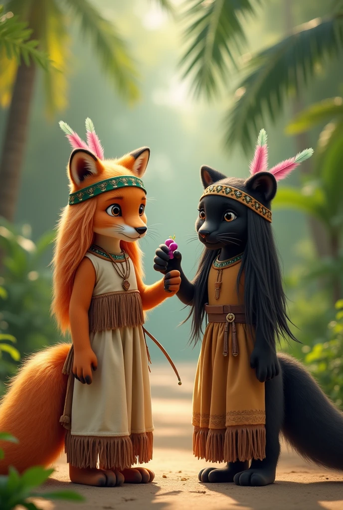 Realistic photography. An anthropomorphic orange furry fox with floor length orange hair. Fox in a beige linen floor-length dress with brown fringe along the seams of the dress. floor-length dress. The fox has a headband of pink feathers in Indian style. A fox holds a sling with a grape cocktail in its paw. The fox is being held by the paw by an anthropomorphic black panther with blue eyes,wild cat panther. Panther in a brown floor-length dress with a brown belt with tassels. The panther has a hairstyle of two long ponytails of black hair reaching the floor.. The panther has a green Indian-style feather headband on his head.. The panther holds a small bow and arrow in its paw.. A fox and a panther are walking through a palm forest and playing Indians. They are both short.. Both are beautiful. They are children. Realistic photography