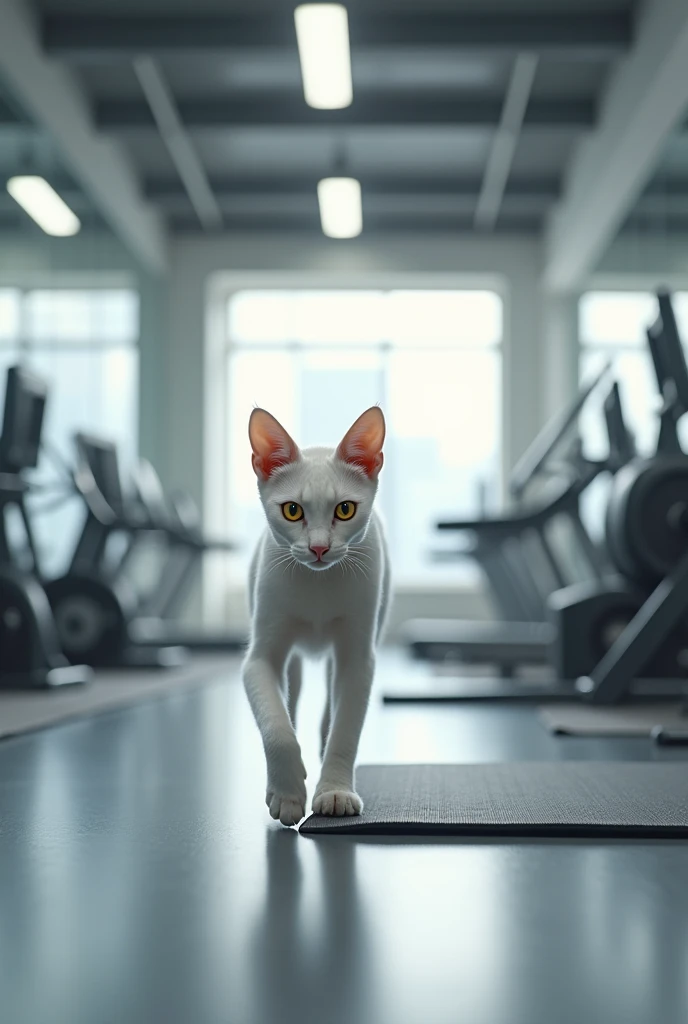 A  thin white cat go to gym
