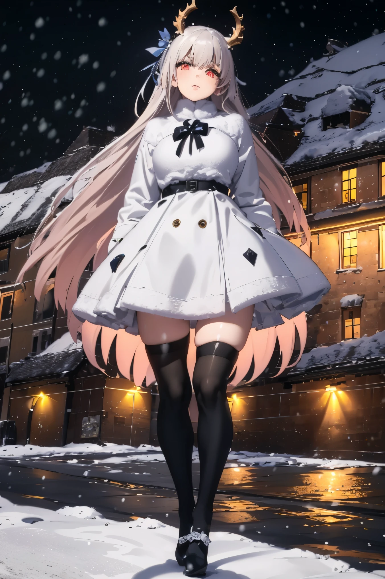 uhd, textured skin, good quality, High details, masterpiece, best quality, high detail face, (Amazingly absurd:1.2), (masterpiece:1.2), fluffy, 1 Girl, Dragon ears, Dress with ruffles, glowing eyes, shining hair , Whole body love, very long hair, hair ribbon, black kneesocks, full body, Kawaiitech, soft colours, Kawaii, Beautiful colors, (Snow:1.5), (Wet:1), (Night:2), (Landscape:2),