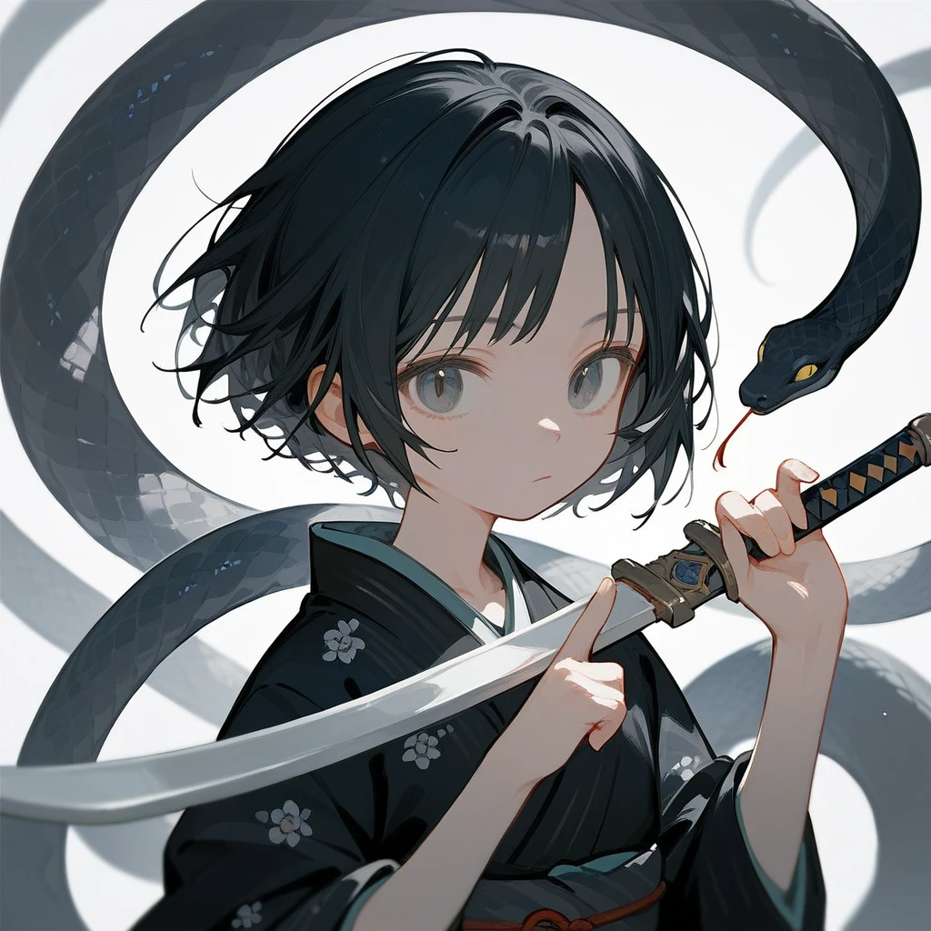 1 girl, Black Hair, iris, beautiful_face, Black snake motif, Kimono with scale pattern, Solo Illustration, short hair, Black kimono, Holding a sword, Upper Body, Flat Chest, Squint your eyes