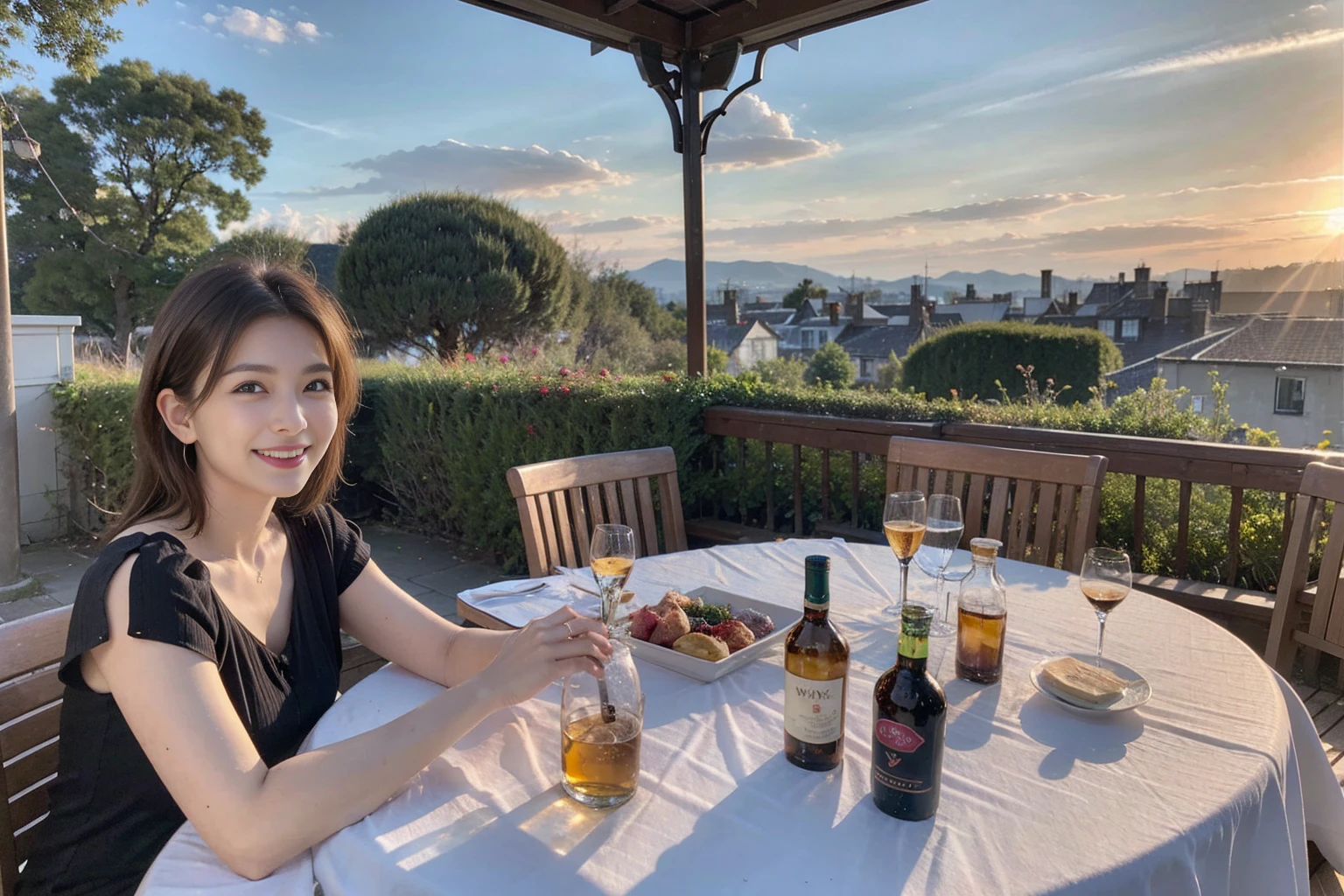 ((Highest quality、8k、masterpiece:1.3))、Whiskey bottles、The Macallan、Joni Black、Old Parr、whiskey、Suntory、Nikka、Slim Couple、modelカップル、(Realistic, Intricate details:1.2), full-course dinner、Whiskey bottle and glass on the table、Single Malt、scotch、Rocks glass、Shot Glass、On the rock、Scotland、Amazing view of the sunset sky and clouds、A bright smile、Short sleeve shirt、dress、 (Age 37), 3,Two beauties、Brown Hair、Shortcuts、 actress, model, Upper Body,