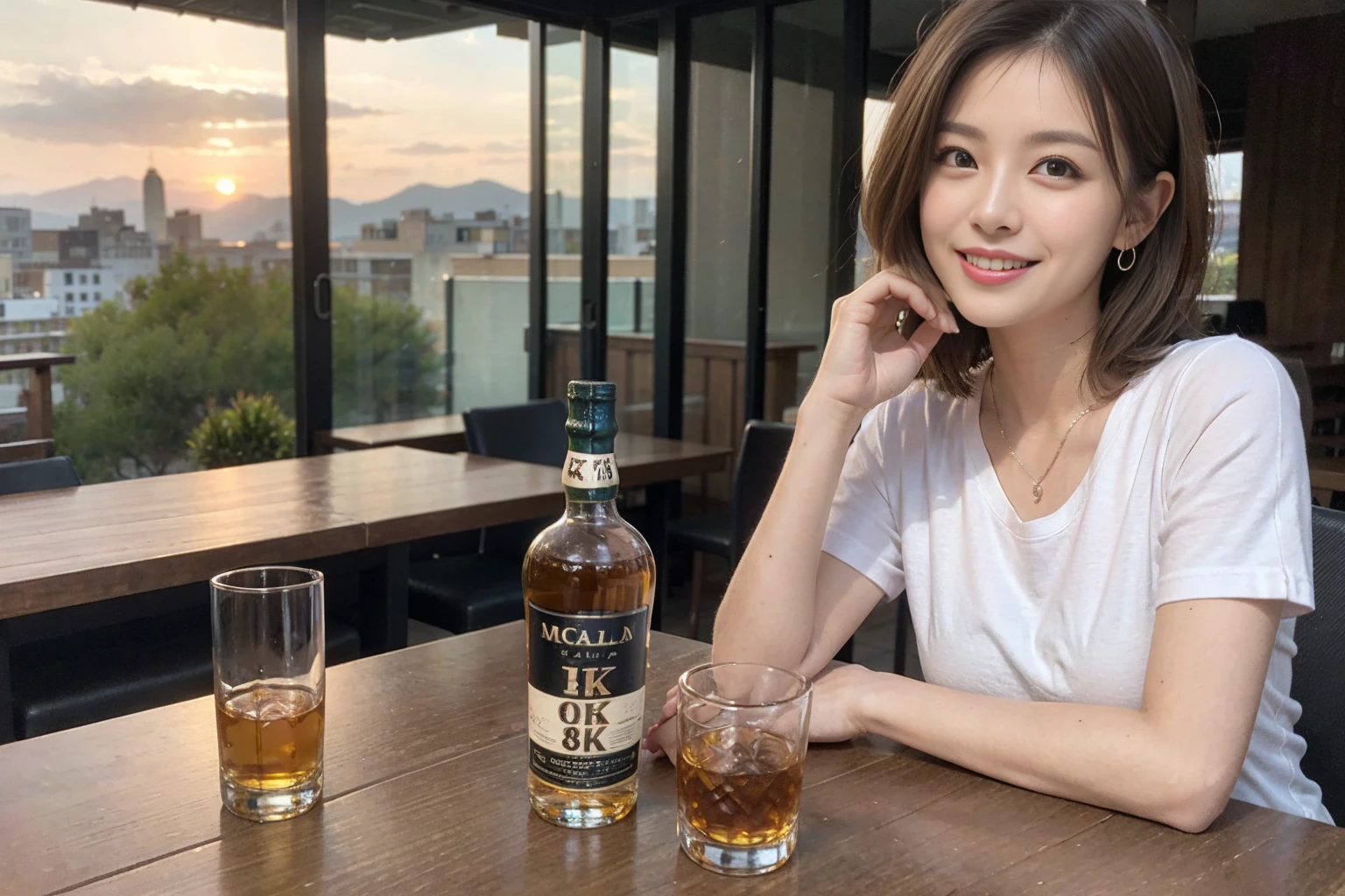 ((Highest quality、8k、masterpiece:1.3))、Whiskey bottles、whiskey、Suntory、Nikka、slimカップル、modelカップル、(Realistic, Intricate details:1.2), full-course dinner、Whiskey bottle and glass on the table、Single Malt、scotch、Rocks glass、Shot Glass、on the rocks、Scotland、Amazing view of the sunset sky and clouds、A bright smile、The wonderfulness of smile、 Beautiful Face, blue eyes, The light shines on your face, blush, short hair,Bright Face、 (Age 37), 3,Two beauties、Brown Hair、Shortcuts、Long sleeve shirt、dress、Beautiful woman 1, (slimな顔), (The body is slim), (Brown Hair), (Shortcuts), cheeks turn a little red,Attractive beauty、restaurant, In a prominent place (From the waist up) Nova Frog Style, actress, model, Upper Body, White wine, slim, smile, (smile: 1.15), Beautiful fine grain, Depth f/2,saturation, High Contrast, Strong light and shadow,Moist Body:1.5、3D texture、Delicate eyes、Brown Hair、The hair is very shiny、