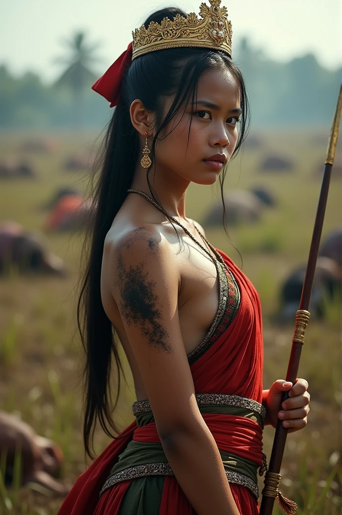 (realistic, photo-realistic:1.4), (masterpiece, best quality:1.2), raw photo, high resolution, intricate details, Extremely detailed, Sharp focus, full body, dynamic pose, 1 Javanese girl , long hair, 18th century Javanese war generals, black hair, holding a short spear, battlefield background, background in rice field area with corpses strewn about. The fire burned part of his body. Mahkota emas. Rambut terikat pita merah.