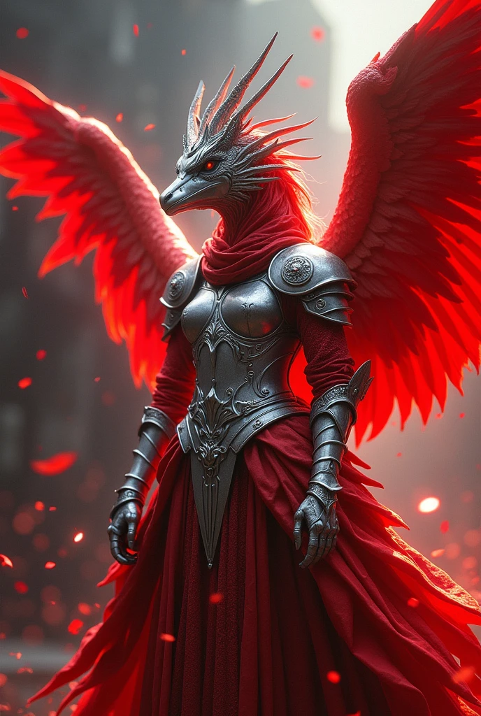 This is a fascinating work of art by Bw-grignani,With boldness、Features an intricately detailed silver and red themed humanoid Griffin Rider。The female knight is illuminated from behind,Casting a dazzling light on his shining armor and ethereal appearance。Create a dynamic scene。The overall atmosphere of the artwork is very exquisite,The female knight's pose conveys a sense of strength and determination。by《Hell's Gate London》Inspiration from the theme,This artwork is presented in maximum resolution,Emphasis on intricate details and vibrant colors。Epic、Cinematic、No text、No logo、whole body