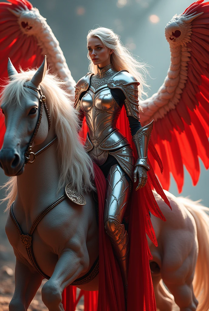 This is a fascinating work of art by Bw-grignani，With boldness、Features an intricately detailed silver and red themed humanoid Griffin Rider。The female knight is illuminated from behind，Casting a dazzling light on his shining armor and ethereal appearance。Create a dynamic scene。The overall atmosphere of the artwork is very exquisite，The female knight&#39;s pose conveys a sense of strength and determination。by《Hell&#39;s Gate London》Inspiration from the theme，This artwork is presented in maximum resolution，Emphasis on intricate details and vibrant colors。Epic、Cinematic、No text、No logo、whole body