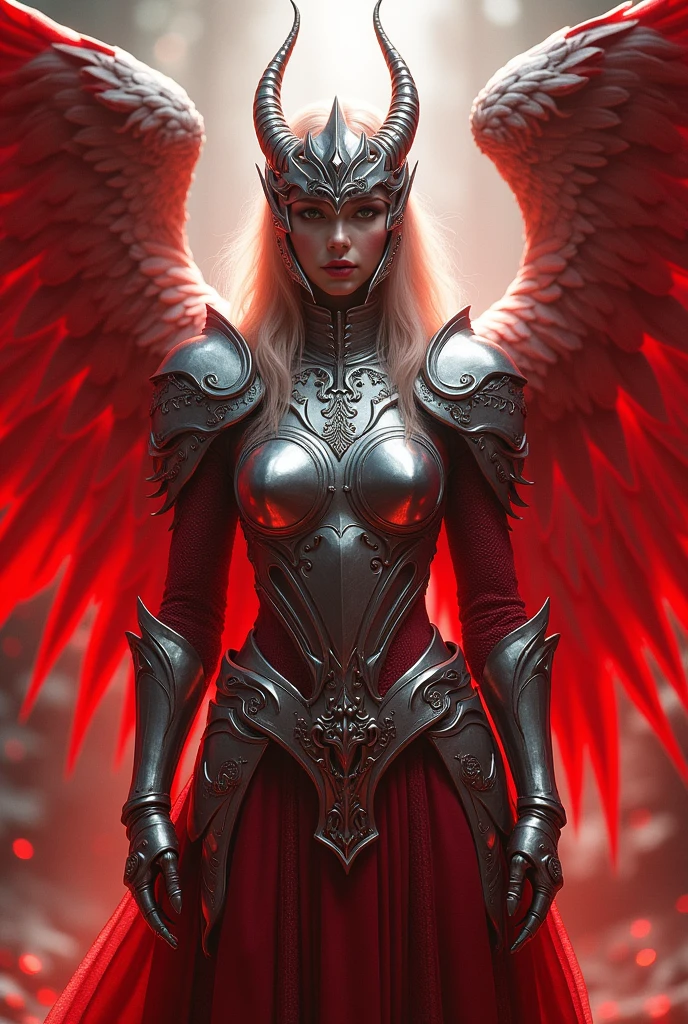 This is a fascinating work of art by Bw-grignani,With boldness、Features an intricately detailed silver and red themed humanoid Griffin Rider。The female knight is illuminated from behind,Casting a dazzling light on his shining armor and ethereal appearance。Create a dynamic scene。The overall atmosphere of the artwork is very exquisite,The female knight's pose conveys a sense of strength and determination。by《Hell's Gate London》Inspiration from the theme,This artwork is presented in maximum resolution,Emphasis on intricate details and vibrant colors。Epic、Cinematic、No text、No logo、whole body