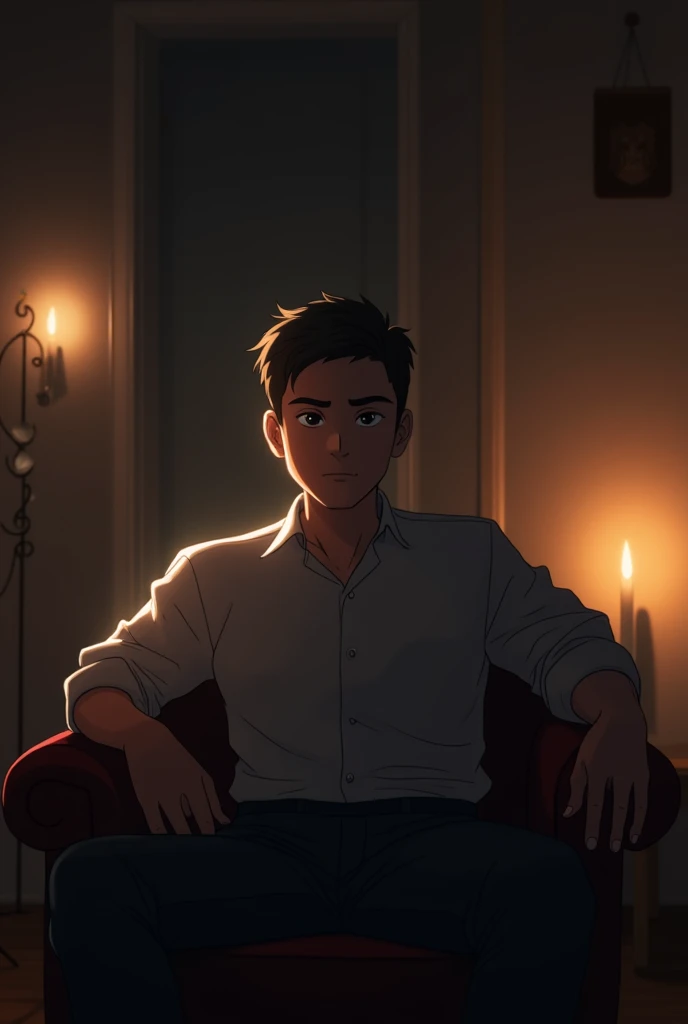 Animated image of a man sitting in a dimly lit room looking at me.
