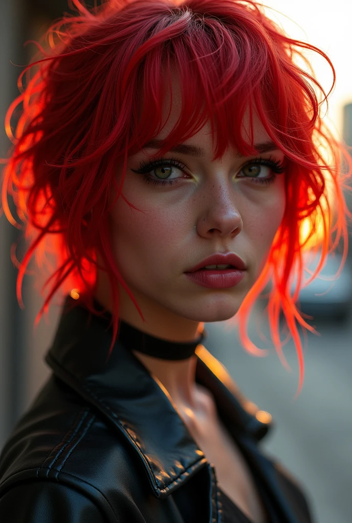 beautiful girl, bust, Bright red messy short hair, black eye shadow, (street style wear:1.2), (city background:1.2), dark makeup, The art of math, Popular topics on Artstation, highly detailed, fine details, complex, beautiful detailed glow, detailed, Light, high resolution, detailed facial features,sharp focus, Light slippery, aesthetic,