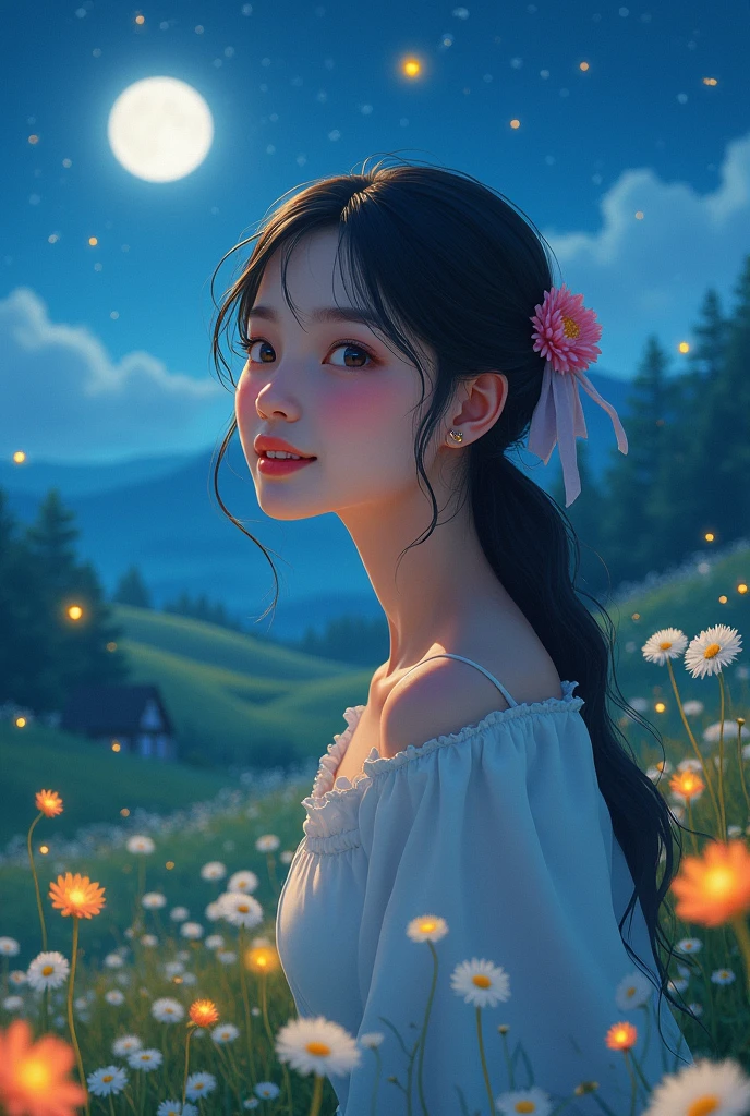 A beautiful girl living in a village area in a valley with lots of flowers in valley.It looks so beautiful smile.And eyes looks many mesmerising for anyone In the light of blue moon With dandelions lines.
And fireflies