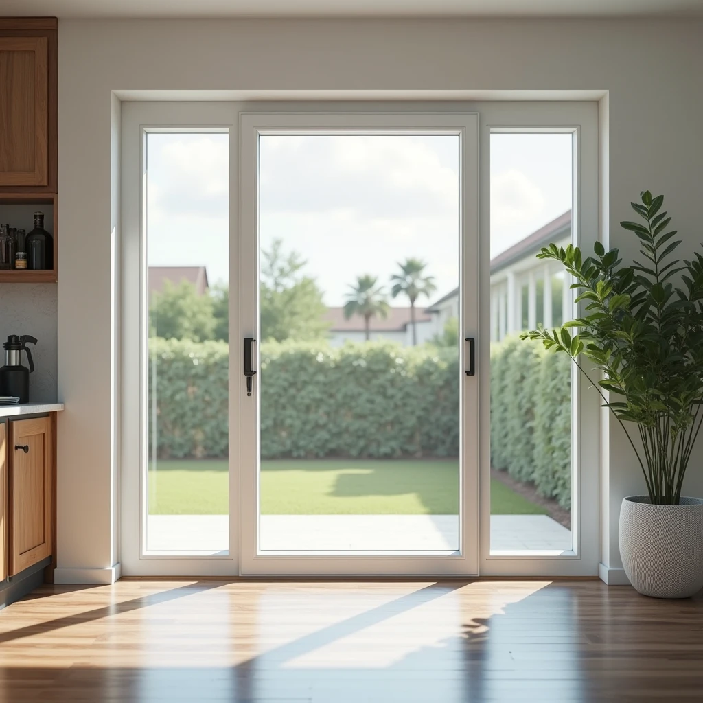 A professional and realistic image showcasing laminated windows in a modern home setting. The windows have a high-quality laminate finish that matches the interior and exterior design of the home. The image highlights the smooth, even lamination on the window frames, with a focus on the durability and aesthetic appeal. The scene is well-lit and clean, with the laminated windows prominently featured, offering a clear view outside. The overall presentation conveys a sense of luxury, quality, and the professional expertise of the window installation and maintenance services.