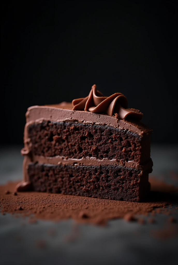 cinematic film still chocolate, chocolate cake, dark background, quality photo, moist texture, frosting, studio photo, slice . shallow depth of field, vignette, highly detailed, high budget, bokeh, cinemascope, moody, epic, gorgeous, film grain, grainy