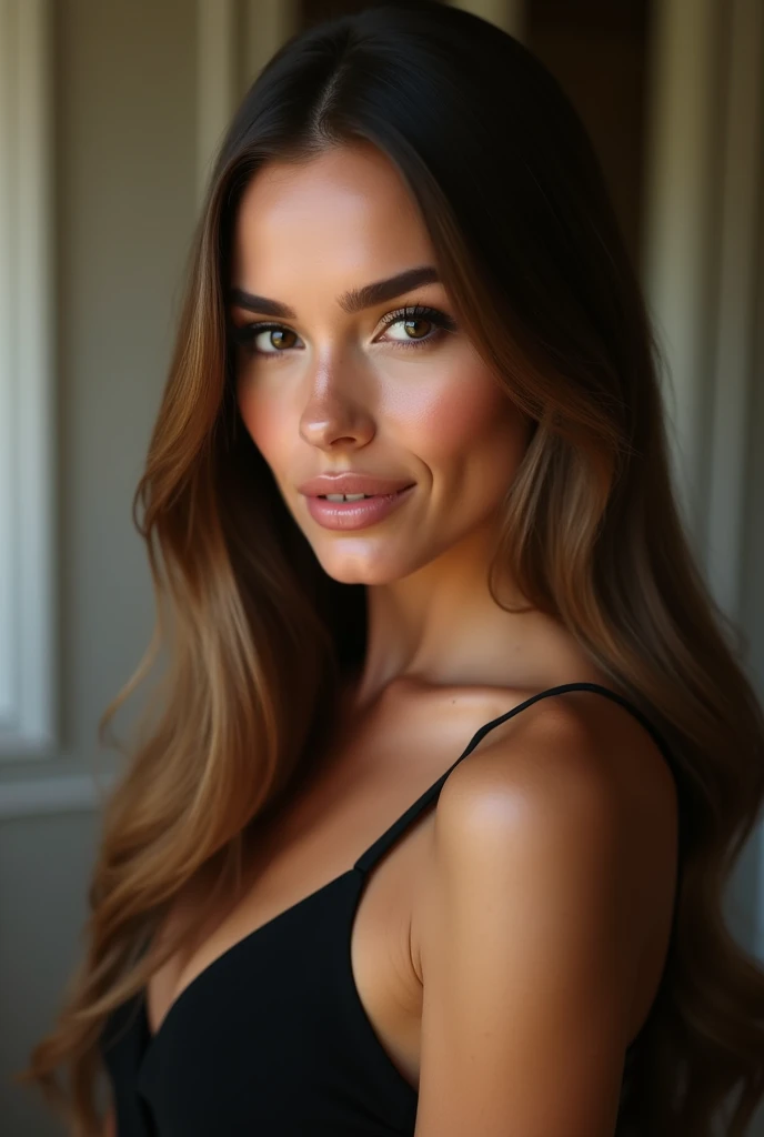 a very realistic and detailed close up portrait of beautiful french woman, black skirt, perfect makeup, long sleek straight dark blonde hair, high quality, photorealistic, 8k, luxury, elegant, sophisticated, confident, studio lighting, cinematic, piercing eyes, full lips, sharp focus, olive skin
