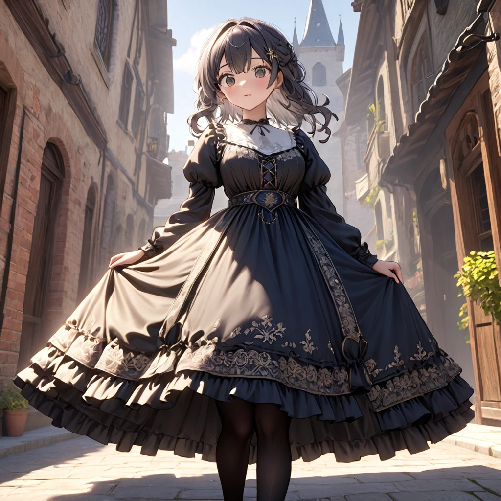 (Highly detailed CG Octane render 8k wallpaper),  Girls Underwear, You can see real bloomers made from cotton fabric.., Medieval black translucent long dress with panniers, Fabric Realism, Low - Angle,  Pull up the dress by hand, Strong winds, Translucent slip, Translucent slip, tights, Highest quality, whole body, I can see your thighs, Silver and gold embroidery