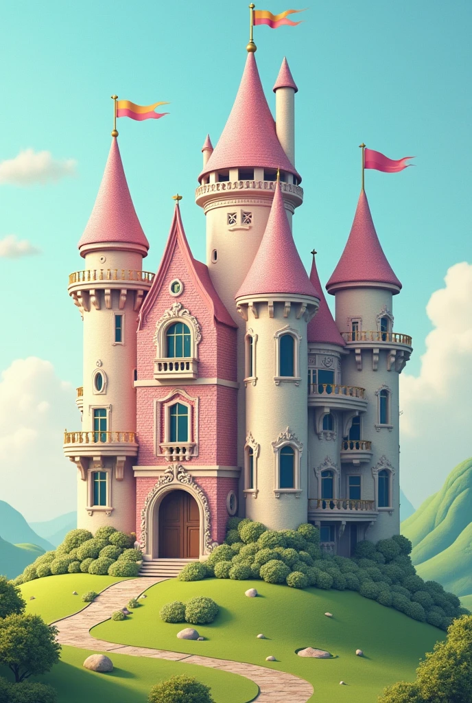 A pastel-colored factory-built castle