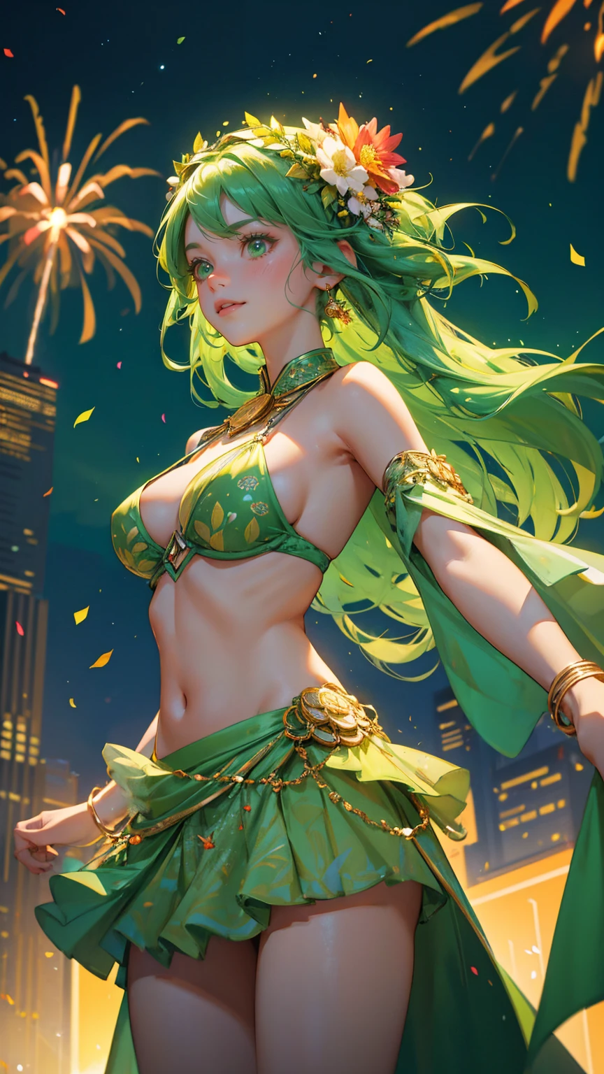 background more visible and  add green color A vibrant celebration scene in a futuristic city in gren color , featuring three beautiful, cute girls in festival attire. The central girl is wearing a colorful flower crown adorned with glowing coins and a bikini top with decorative patterns, raising her arm joyfully in the air. The other two girls are dressed in similarly festive and stylish outfits, with accessories that sparkle in the light. They are surrounded by tall, green, glowing skyscrapers that resemble candlestick charts, and confetti is falling all around them. Fireworks burst in the background, illuminating the night sky with green hues, creating a lively, energetic, and fun atmosphere, green color