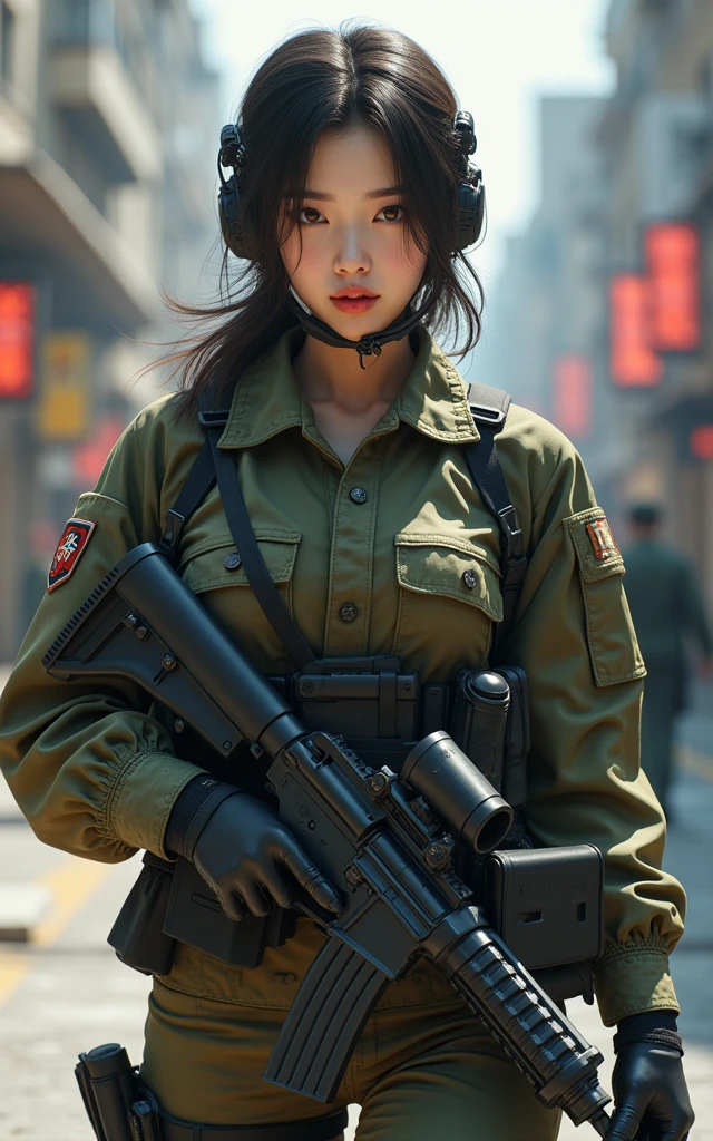 Ultra-high resolution,High-resolution details,Super sexy Korean female soldiers in camouflage uniforms,(1 Korean female soldier,Super beautiful,Super fair skin,Super white face)Reveal full breasts, She carries a weapon while patrolling the streets