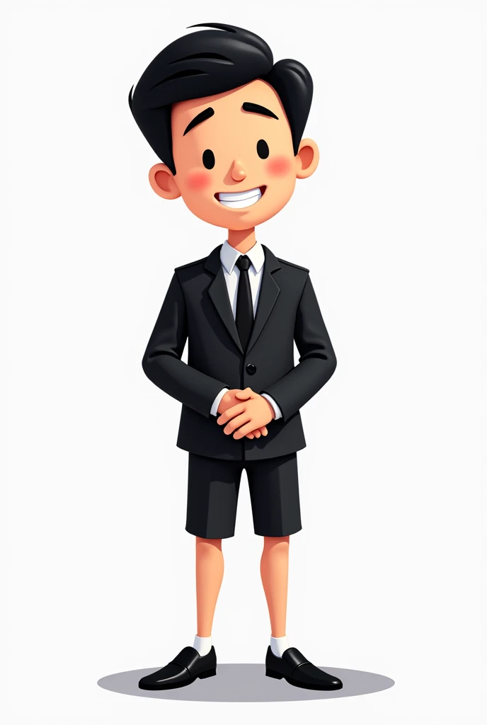 image of a man wearing formal clothes as a hotel receptionist or hotel front office, black short coat or black short helmet, black loafer shoes, black hair, smile, hands in front of chest, cartoon image, png