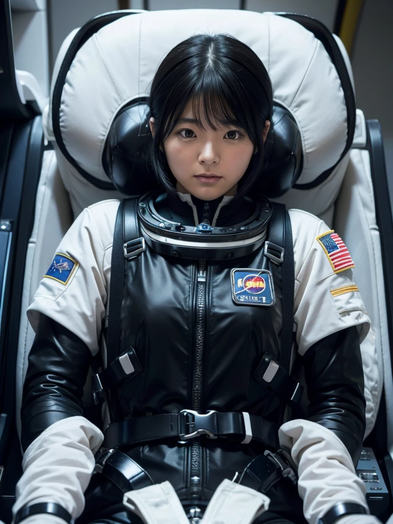 Japanese female astronaut,Black Hair,The spaceship's cockpit,Fully secured in the seat by a harness,A tight-fitting space suit,On life support,