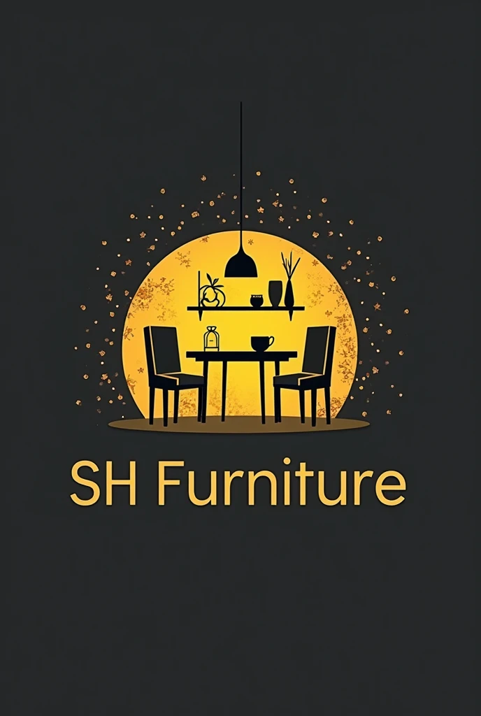 An attractive sales logo , with a title SH Furniture, white and dark yellow and black color background of furniture in a decorated house