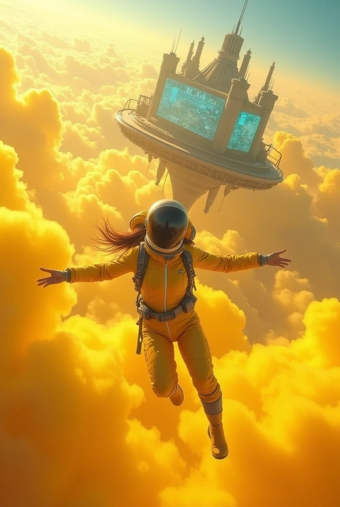 A WOMAN skydiving in air in lots of yellow clouds city floating on lots of yellow clouds ((masterpiece)), ((best quality))), ((ultra-detailed)), UHD, 8K, ((high resolution))), ((illustration)), ((realistic)), girl falling skydiving in air in yellow space suit taking selfie on floating city, in background show (Best quality,4K,8K,A high resolution,Masterpiece:1.2), Ultra-detailed,(Realistic,Photorealistic,photo-realistic:1.37), Futuristic floating city, Futuristic technology, Huge high-tech tab