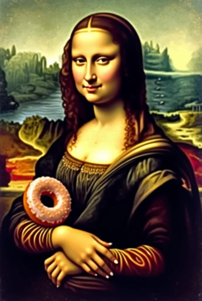 Monalisa portrait
illustration with a real dounot in her hand