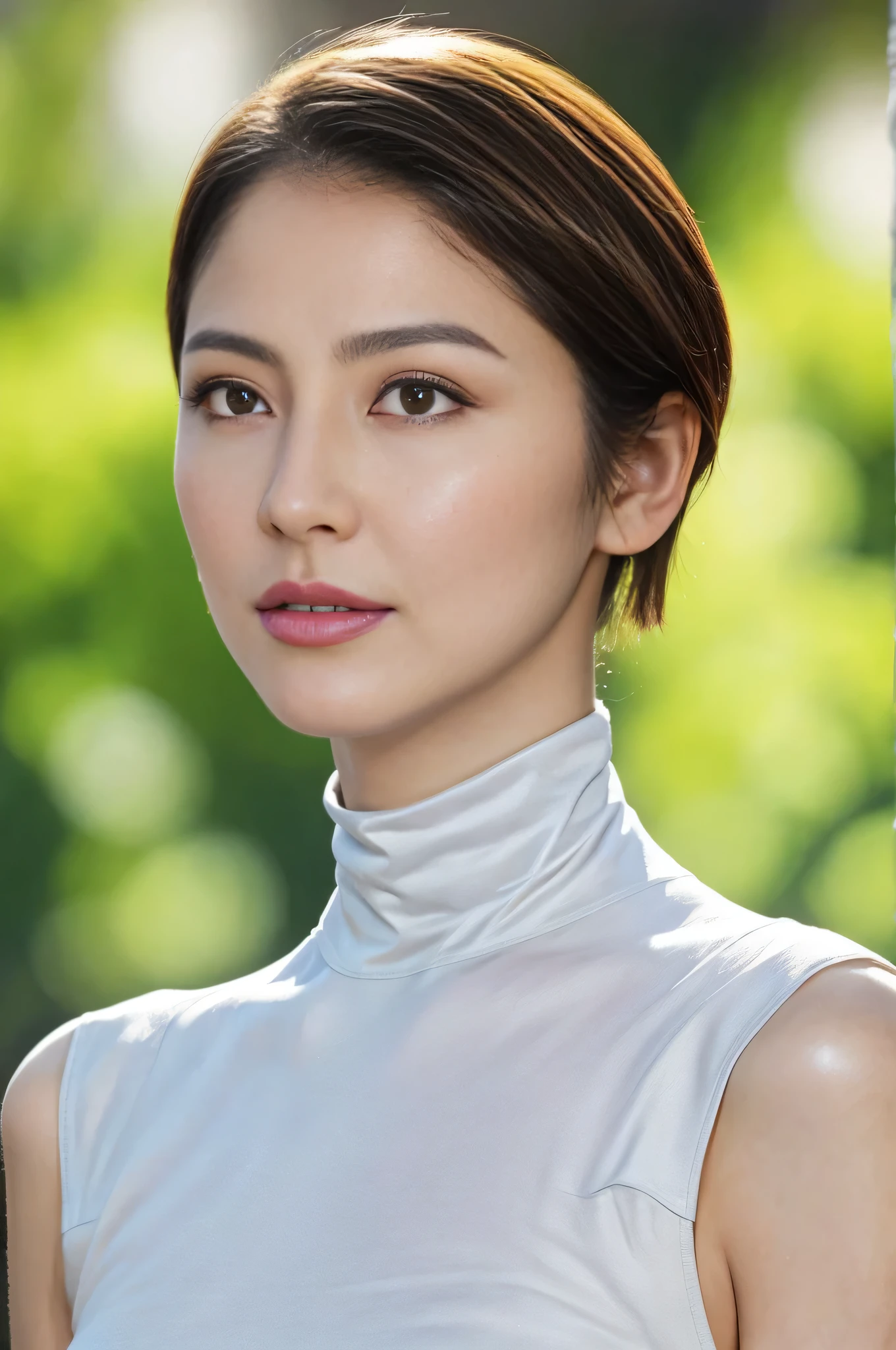 Highest quality, Tabletop, 8k, Best image quality, Award-winning works, One beautiful woman, Age 25, alone, Perfect beautiful composition, Large Breasts, A tight fitting bodysuit, Accentuate your body lines, Very short hair, Perfect turtleneck sleeveless latex bodysuit, View your audience, Precise gold background with strong blur, Standing Elegantly, Droopy eyes, Natural Makeup, Ultra-high resolution beauty face, Ultra HD Hair, Ultra-high resolution sparkling eyes, Ultra-high resolution perfect teeth, Ultra-high resolution, Shiny, Beautiful Skin, Super high quality glossy lip, Accurate anatomy