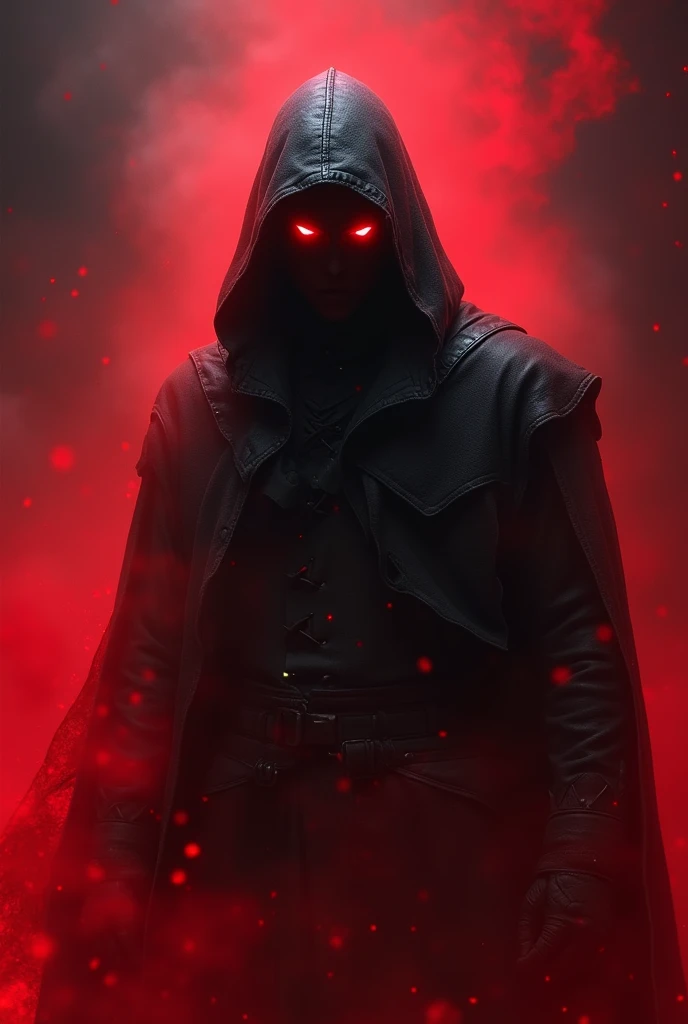 Close up of a dark knight with red eyes, wearing a black hooded jacket and surrounded by a red aura.