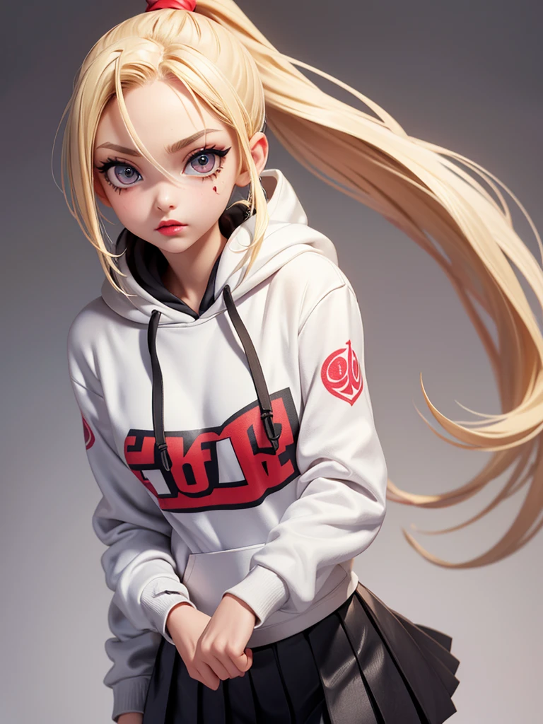 Surreal American , blonde, ponytail,tall, perfect Small body, sexy, Heavy makeup, Perfect slim face, Big Red Lips, Very cute face, , Big eyes, looks young, Mature appearance, 少し few clothes,tattoo,tattoo,tattoo,tattoo,Cut and sew dress ,hoodie,Pleated skirt,