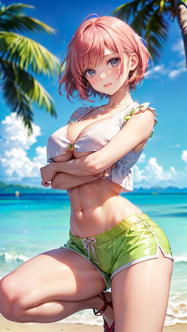 ((Highest quality, 8k, masterpiece :1.3)), (Sharp focus :1.2, Beautiful woman with perfect figure :1.4, Slim Abs), ((Big Breasts, Emphasize cleavage, The underboob is visible:1.3)), (Photorealistic:1.4), (realistic:1.4), (Bobcut/ワンレンBobcut/With bangs, Pink Hair:1.5), Highly detailed face and skin texture, Fine grain, double eyelid. Makeup face, A little bit of lipstick, sex appeal, Sexy gravure pose, ((At a tropical resort beach、A girl wearing a light green crop top and white shorts、Bend one leg slightly and strike a pose.、Brush your hair up。Shell earrings sparkle in her ears。:1.3))