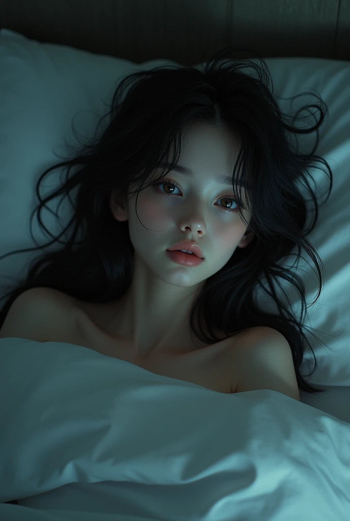 A girl with big eyes . Long hair at night. I a bed