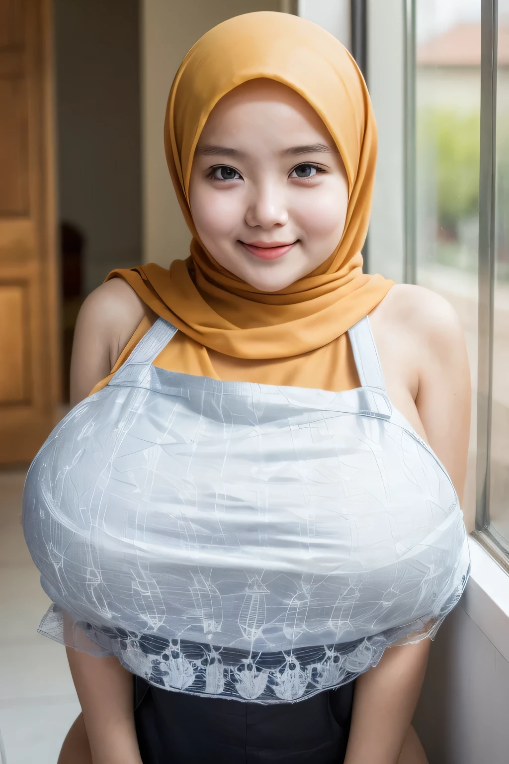 ((plump body:1.19)), adorable, 1 girl, (face to face), , baby face, happy, medium portrait, (face details: 1), (eye details:1), ((naked big breasts)). ((wearing mini apron)), .. Cute posed. proportional body. Ultra High Res. realistic: 1.4, UHD, ((hijab stylish)), lace ((Gigantic:1.399)), Cropped shirt, ((naked:1.439))