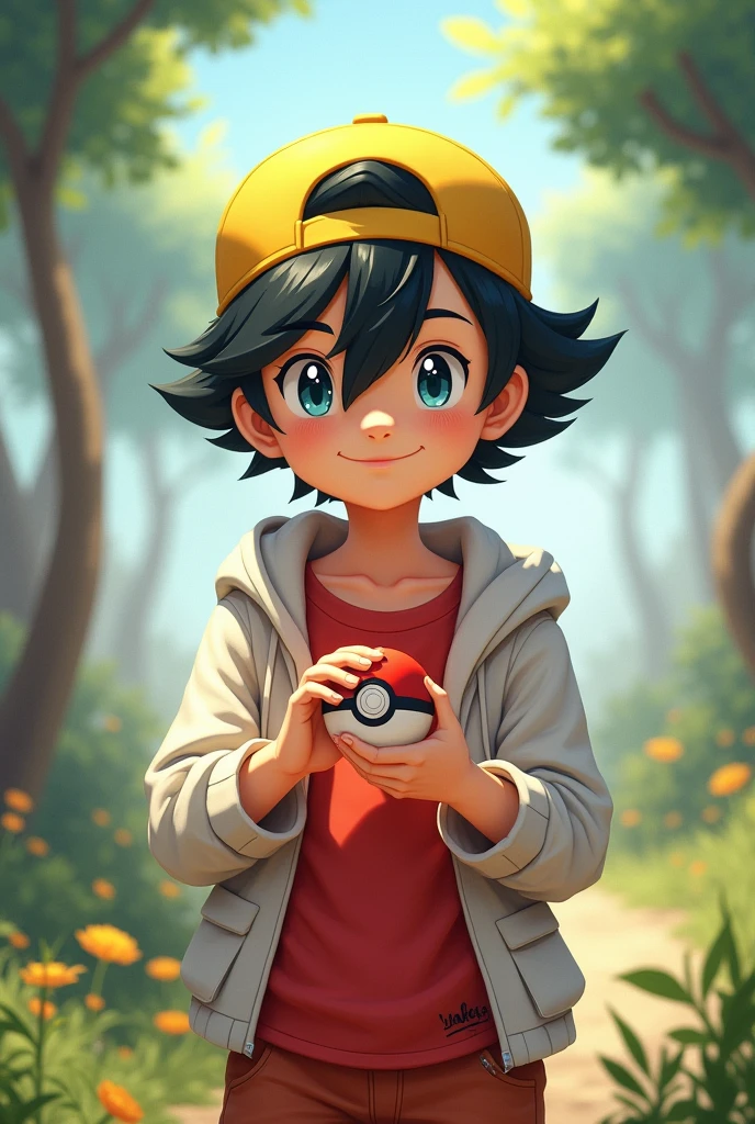 Make the image of a boy with a yellow cap facing backwards, with a fringe falling over his eyes, wearing a red outfit with a white hood and holding a pokeball