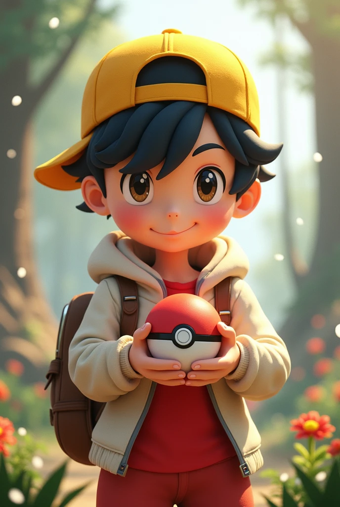 Make the image of a boy with a yellow cap facing backwards, with a fringe falling over his eyes, wearing a red outfit with a white hood and holding a pokeball