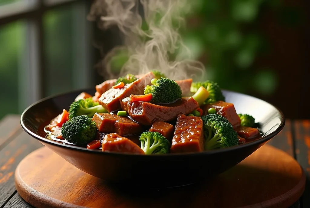 a slow cooked honey garlic beef with broccoli,hot steamy bowl of beef and broccoli,juicy tender beef,fresh broccoli florets,delicious savory sauce,warm comforting meal,mouth-watering food photography,professional culinary shot,highly detailed food texture,natural lighting,dramatic shadows,rich color tones,cinematic composition,award-winning food editorial