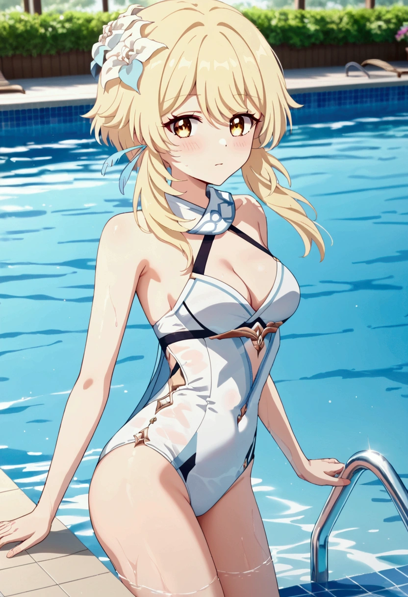 Lumine|genshin impact, master-piece, bestquality, 1girls,2, proportional body, elongated legs, Beautiful, proportional.,Medium breasts , swimming suit, in pool