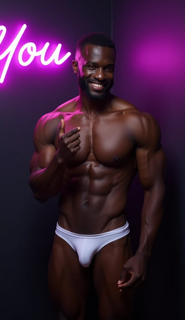 nsfw, gay, homoerotic, best quality, masterpiece, hyper realistic, extremely detailed, "you" text in purple neon lights in the background, huge bulge in extremely tiny white gstring pouch, extremely handsome african man, smile, pointing finger towards camera, half body, fill frame, dark cinematic lighting, extremely dramatic shadows, no background, perfect face, perfection, no signature, no logo