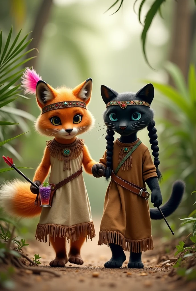 Realistic photography. An anthropomorphic orange furry fox with floor length orange hair. Fox in a beige linen floor-length dress with brown fringe along the seams of the dress. floor-length dress. The fox has a headband of pink feathers in Indian style. A fox holds a sling with a grape cocktail in its paw. The fox is being held by the paw by an anthropomorphic black panther with blue eyes,wild cat panther with a long tail of a real panther. Panther in a brown floor-length dress with a brown belt with tassels. The panther has a hairstyle of two long ponytails of black hair reaching the floor.. The panther has a green Indian-style feather headband on his head.. The panther holds a small bow and arrow in its paw.. A fox and a panther are walking through a palm forest and playing Indians. They are both short.. Both are beautiful. They are children. Realistic photography