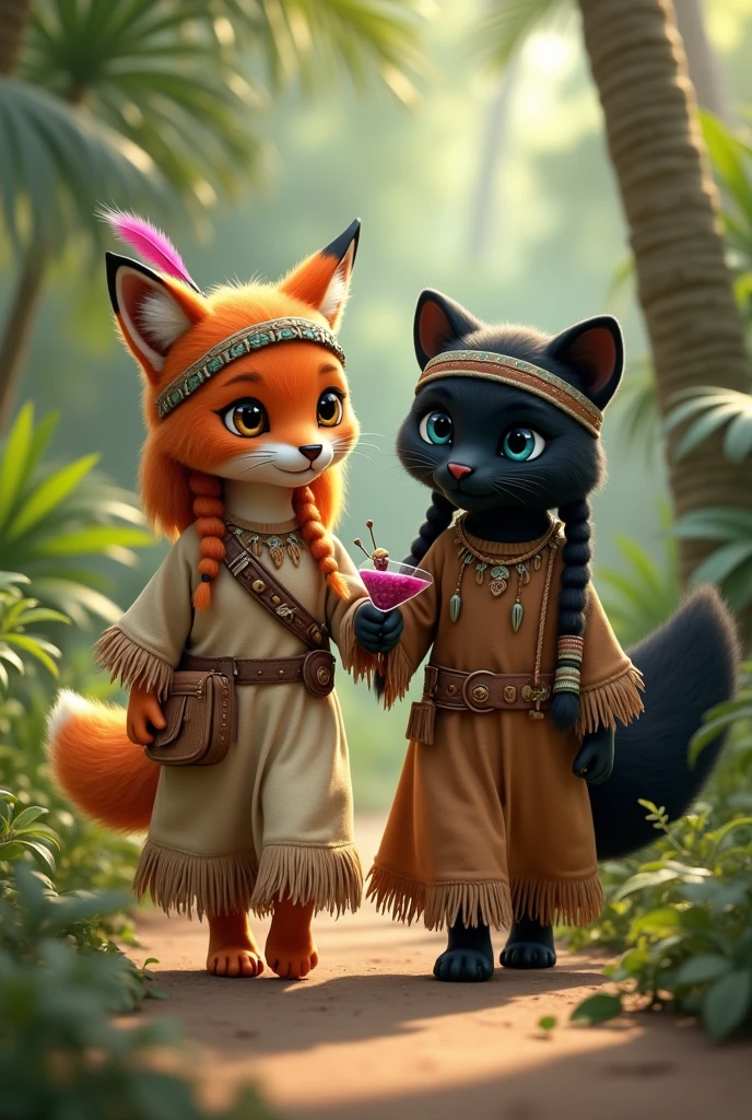 Realistic photography. An anthropomorphic orange furry fox with floor length orange hair. Fox in a beige linen floor-length dress with brown fringe along the seams of the dress. floor-length dress. The fox has a headband of pink feathers in Indian style. A fox holds a sling with a grape cocktail in its paw. The fox is being held by the paw by an anthropomorphic black panther with blue eyes,wild cat panther with a long tail of a real panther. Panther in a brown floor-length dress with a brown belt with tassels. The panther has a hairstyle of two long ponytails of black hair reaching the floor.. The panther has a green Indian-style feather headband on his head.. The panther holds a small bow and arrow in its paw.. A fox and a panther are walking through a palm forest and playing Indians. They are both short.. Both are beautiful. They are children. Realistic photography
