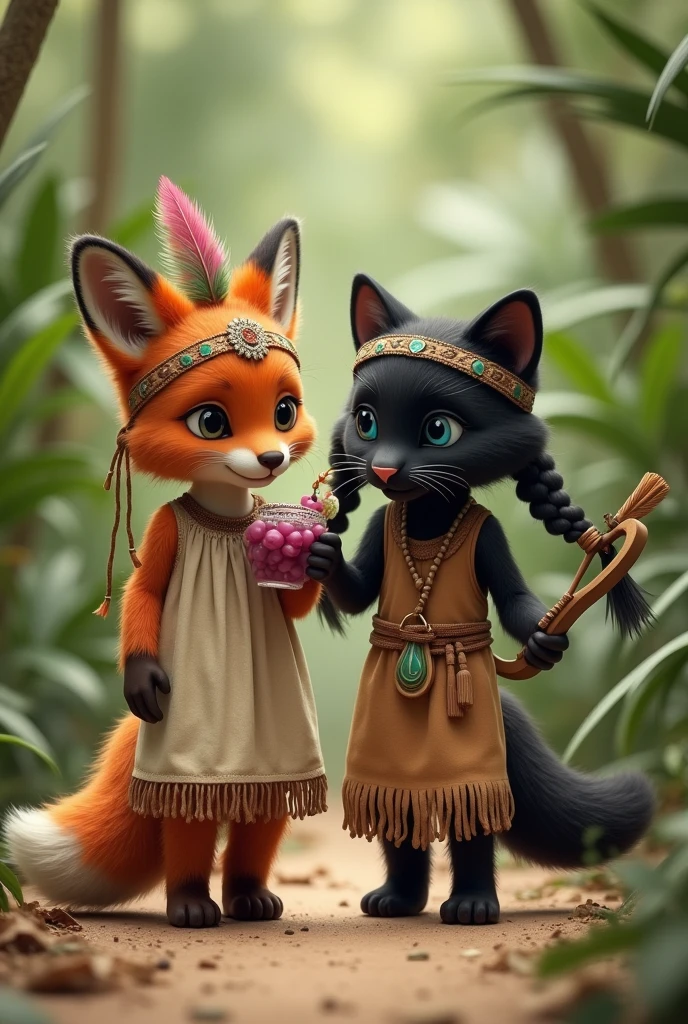 Realistic photography. An anthropomorphic orange furry fox with floor length orange hair. Fox in a beige linen floor-length dress with brown fringe along the seams of the dress. floor-length dress. The fox has a headband of pink feathers in Indian style. A fox holds a sling with a grape cocktail in its paw. The fox is being held by the paw by an anthropomorphic black panther with blue eyes,wild cat panther with a long tail of a real panther. Panther in a brown floor-length dress with a brown belt with tassels. The panther has a hairstyle of two long ponytails of black hair reaching the floor.. The panther has a green Indian-style feather headband on his head.. The panther holds a small bow and arrow in its paw.. A fox and a panther are walking through a palm forest and playing Indians. They are both short.. Both are beautiful. They are children. Realistic photography