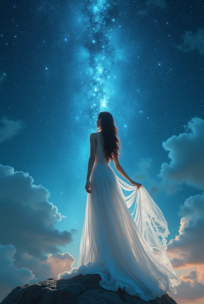 ((masterpiece, Highest quality, Best image quality, High resolution, reality, RAW Photos, 8k)), ((Highly detailed CG synthesis 8k wallpaper)), (big、Stunning Goddess Pictures, Very hot and sexy, She's wearing a stunning sheer white dress, Stunning beauty, Perfect Proportions, Beautiful body, A beautiful, slender figure:1.4), Midnight, star々々look up, Ancient Gods々々look up青白い空, The origin of humanity, Rear View,