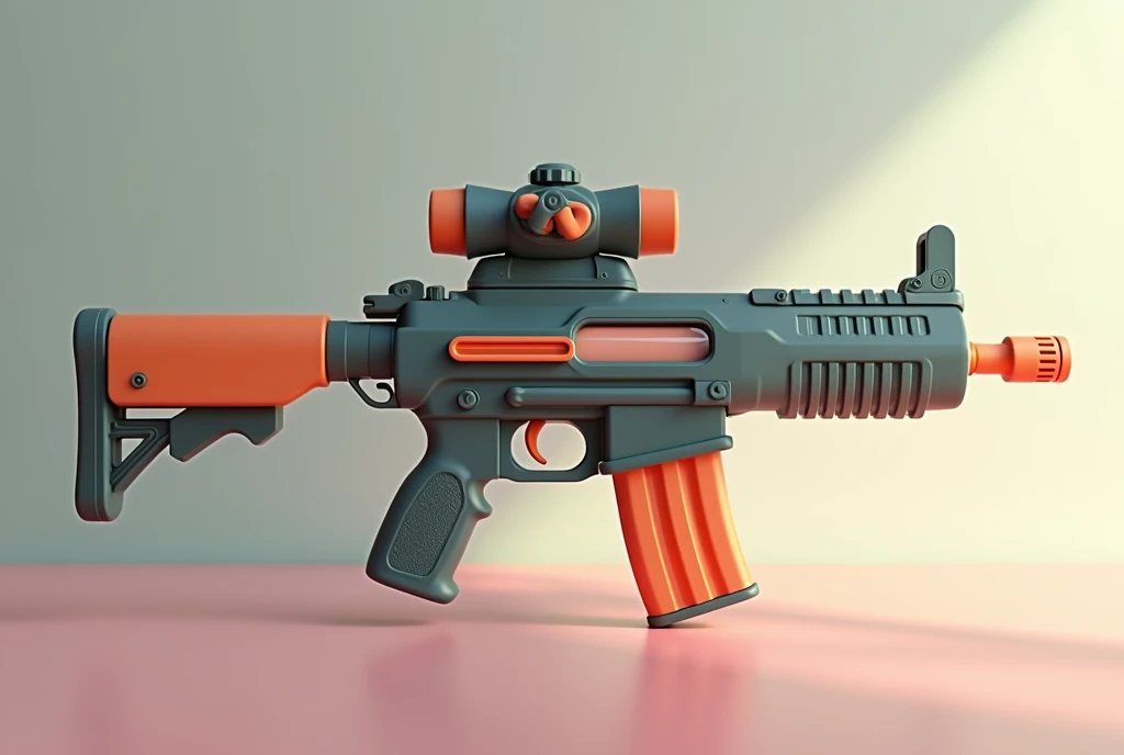 Mini double water gun toy,Integrated rifle mount,Q version,Cute pattern on the surface,Transparent magazine and scope recessed,(Similar structure to AK47),(Double muzzle:1.3),Smooth lines,Plastic material,Three-color Morandi color matching,high quality,Professional Product Photography,Table background,3d, OC Rendering,8K,