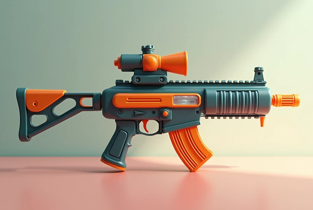 Mini double water gun toy,Integrated rifle mount,Q version,Cute pattern on the surface,Transparent magazine and scope recessed,(Similar structure to AK47),(Double muzzle:1.3),Smooth lines,Plastic material,Three-color Morandi color matching,high quality,Professional Product Photography,Table background,3d, OC Rendering,8K,